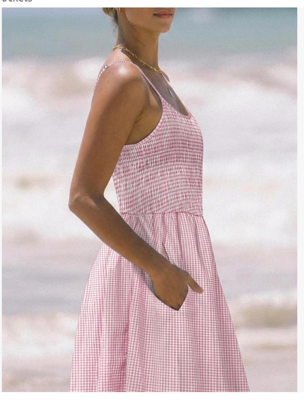 Sleeveless Pink Gingham Maxi Dress with Smocked Bodice